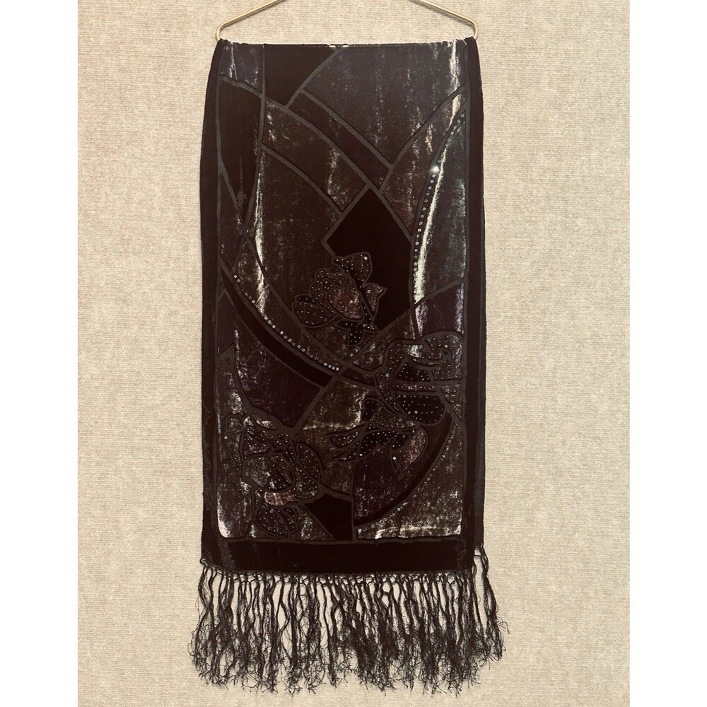 Velvet Burnout Scarf Silk Fringe Rectangle 70x20 Rose Purple Black Art Deco
